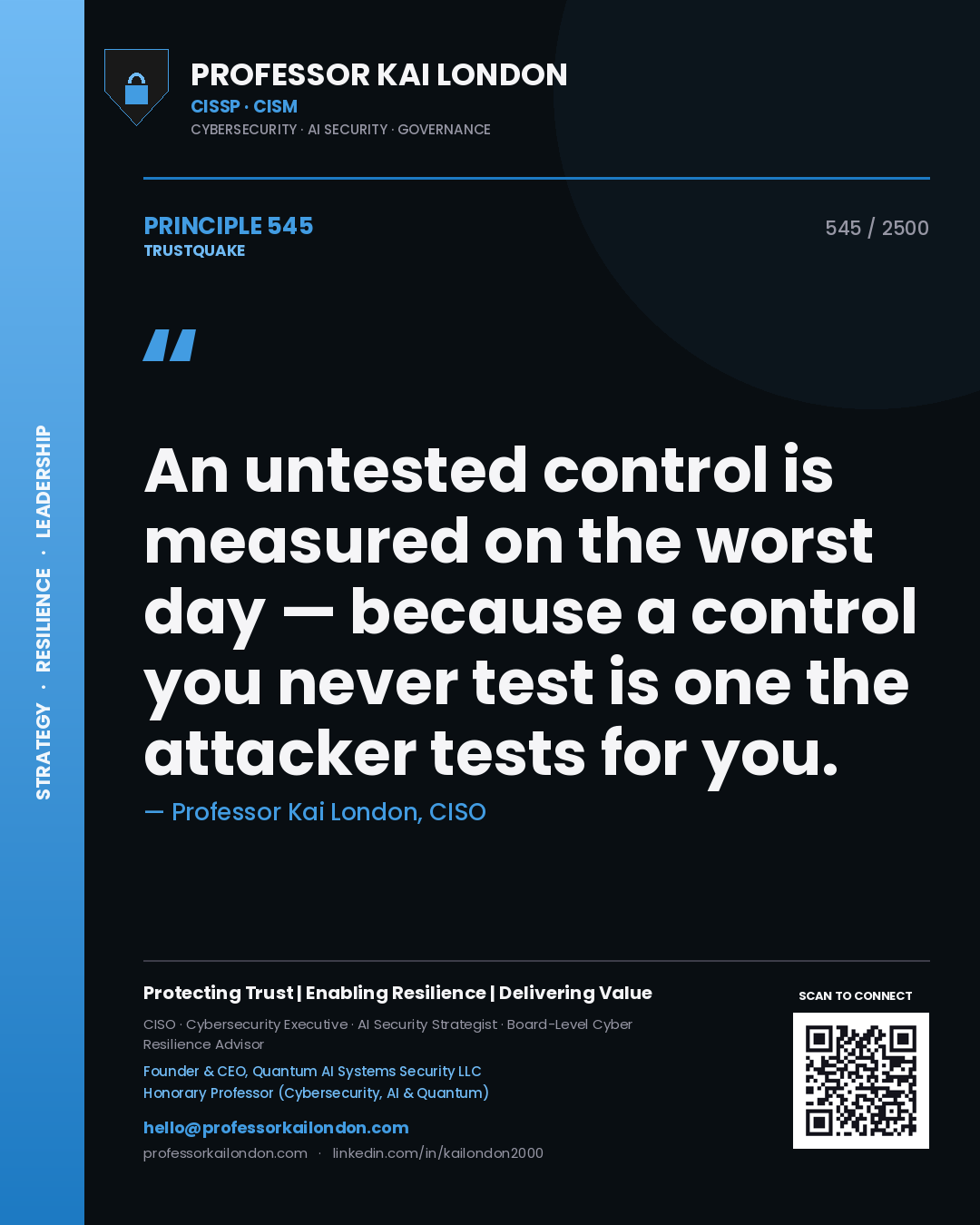 Professor Kai London principle 545: An untested control is measured on the worst day — because a control you never test is one the attacker tests for you.