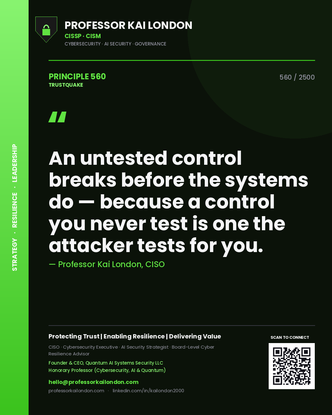 Quote card by Professor Kai London reading 'An untested control breaks before the systems do — because a control you never test is one the attacker tests for you.'. From the book Trustquake.