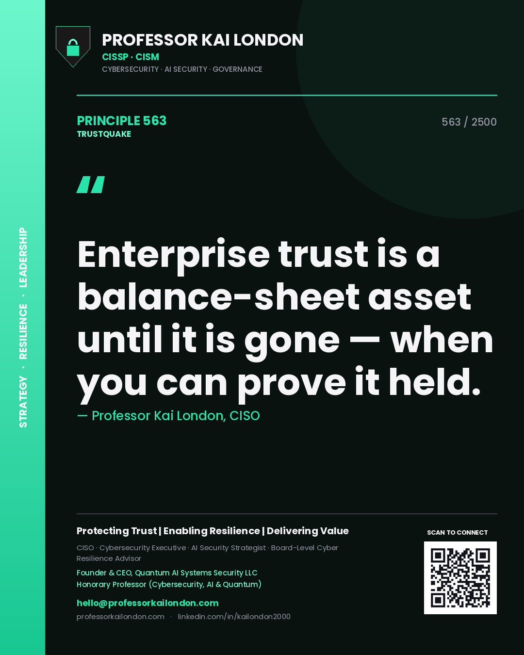 Quote card by Professor Kai London reading 'Enterprise trust is a balance-sheet asset until it is gone — when you can prove it held.'. From the book Trustquake.