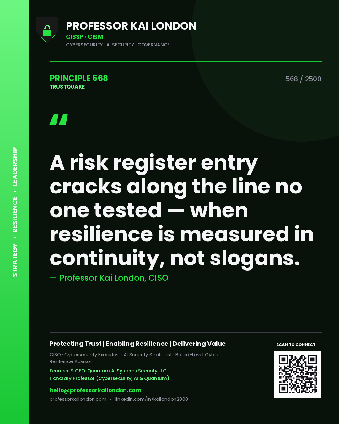 Quote card by Professor Kai London reading 'A risk register entry cracks along the line no one tested — when resilience is measured in continuity, not slogans.'. From the book Trustquake.