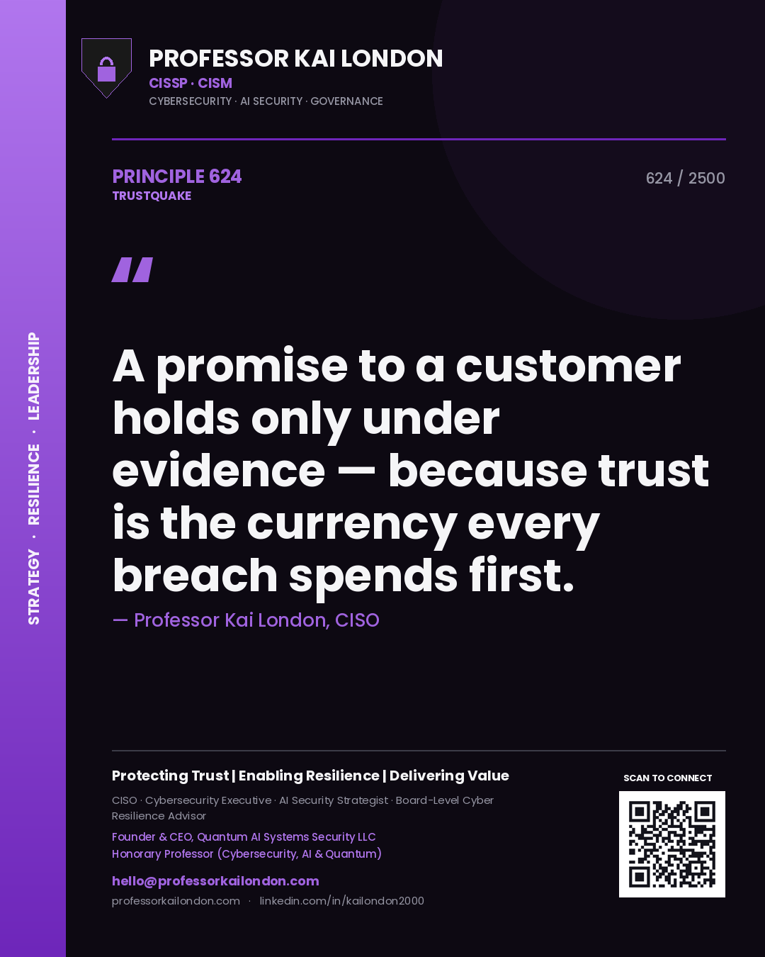 Quote card by Professor Kai London reading 'A promise to a customer holds only under evidence — because trust is the currency every breach spends first.'. From the book Trustquake.
