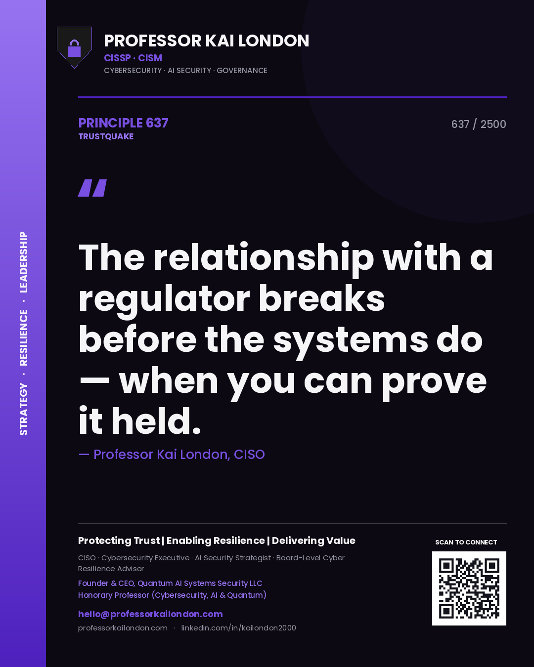 Quote card by Professor Kai London reading 'The relationship with a regulator breaks before the systems do — when you can prove it held.'. From the book Trustquake.