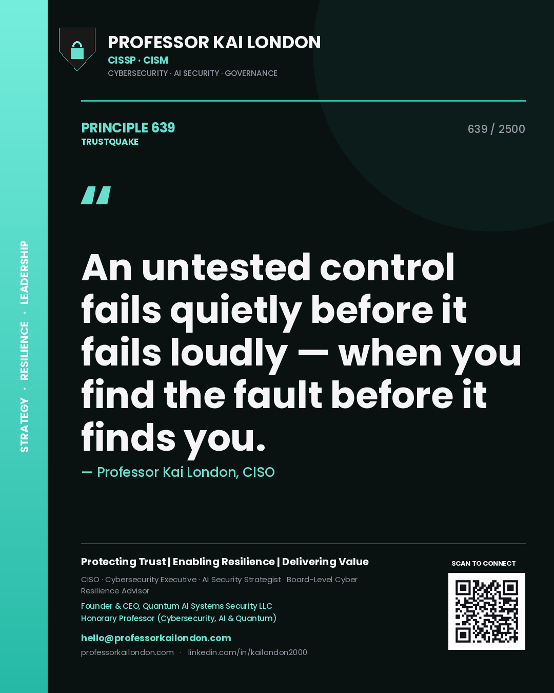 Quote card by Professor Kai London reading 'An untested control fails quietly before it fails loudly — when you find the fault before it finds you.'. From the book Trustquake.