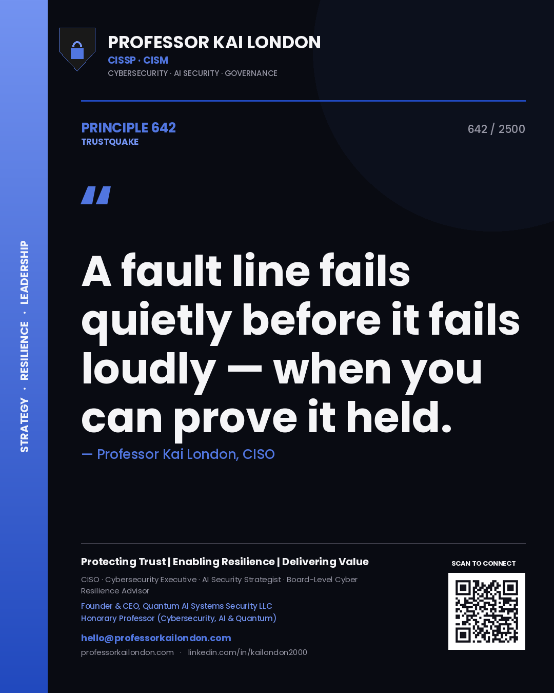 Quote card by Professor Kai London reading 'A fault line fails quietly before it fails loudly — when you can prove it held.'. From the book Trustquake.