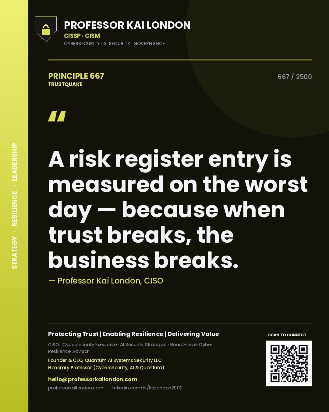 Quote card by Professor Kai London reading 'A risk register entry is measured on the worst day — because when trust breaks, the business breaks.'. From the book Trustquake.