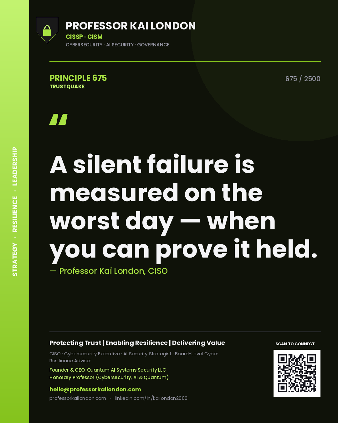 Quote card by Professor Kai London reading 'A silent failure is measured on the worst day — when you can prove it held.'. From the book Trustquake.