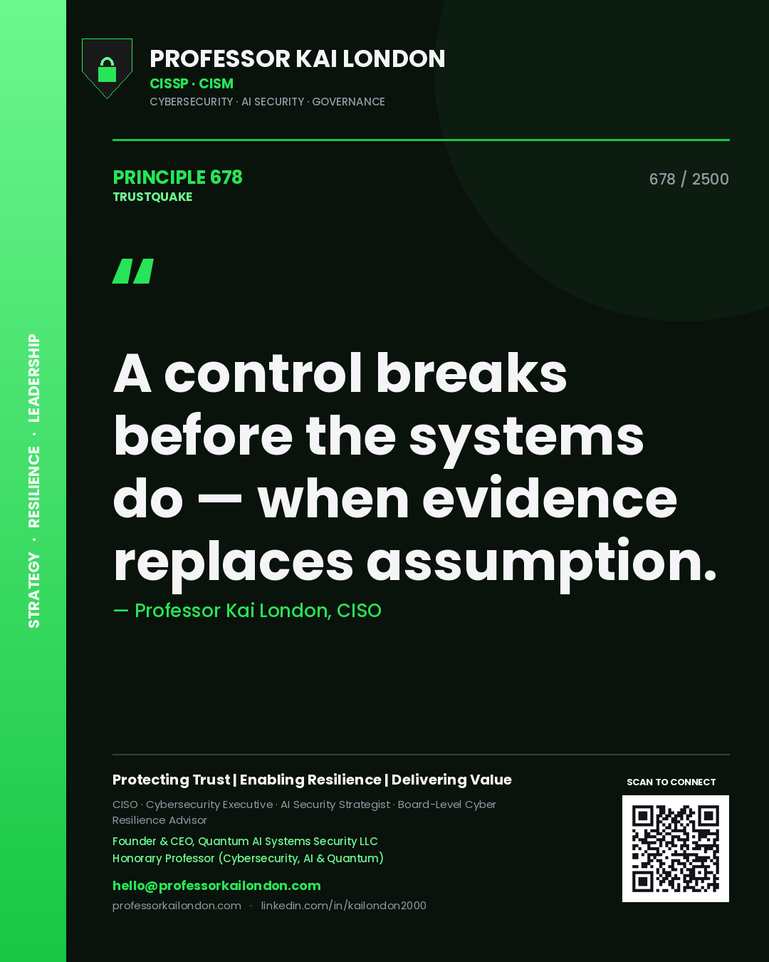 Professor Kai London principle 678: A control breaks before the systems do — when evidence replaces assumption.