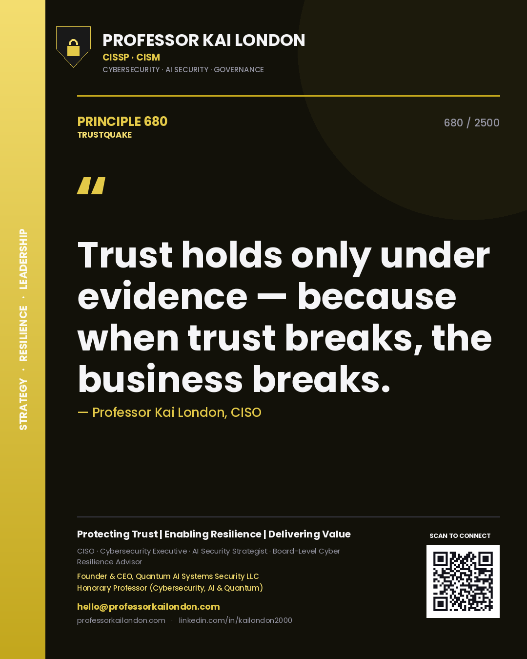 Quote card by Professor Kai London reading 'Trust holds only under evidence — because when trust breaks, the business breaks.'. From the book Trustquake.