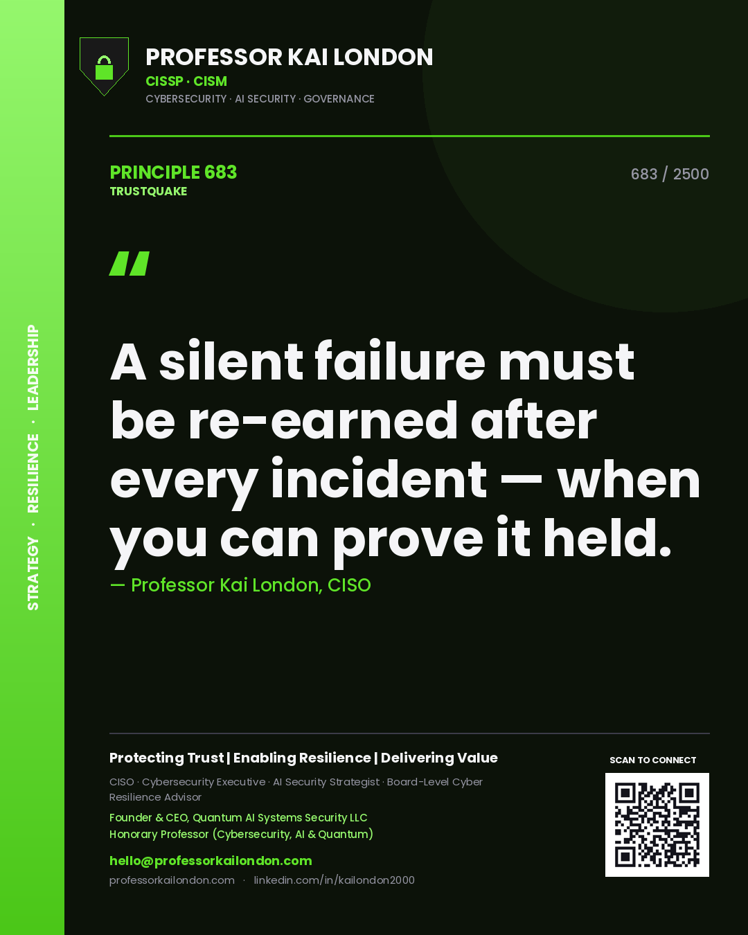 Quote card by Professor Kai London reading 'A silent failure must be re-earned after every incident — when you can prove it held.'. From the book Trustquake.