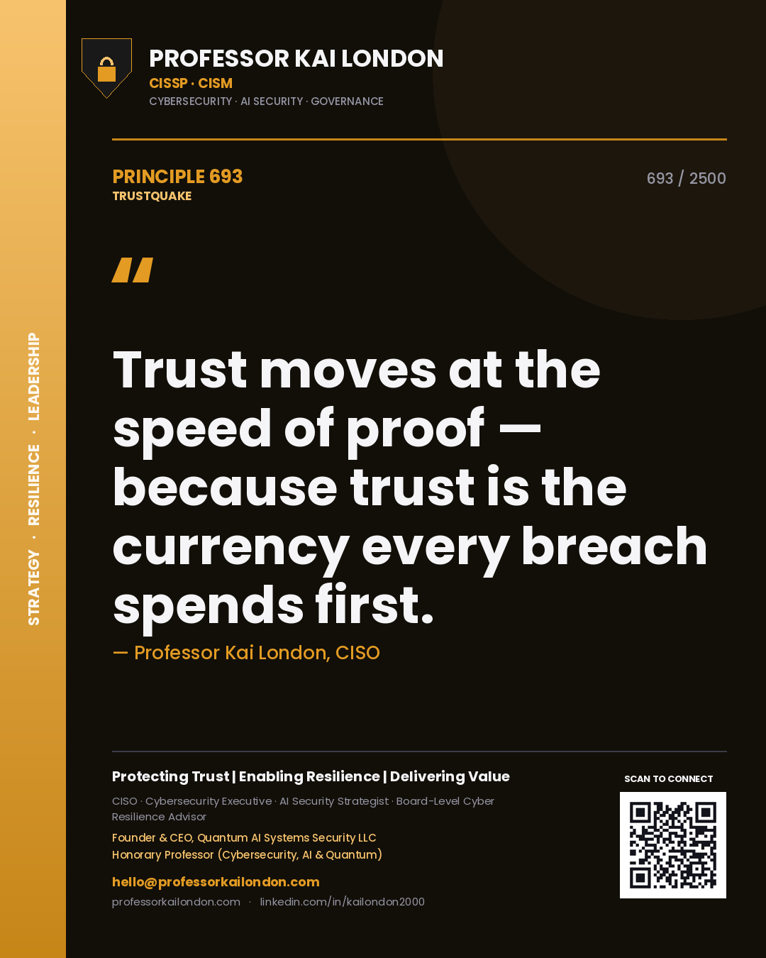 Quote card by Professor Kai London reading 'Trust moves at the speed of proof — because trust is the currency every breach spends first.'. From the book Trustquake.