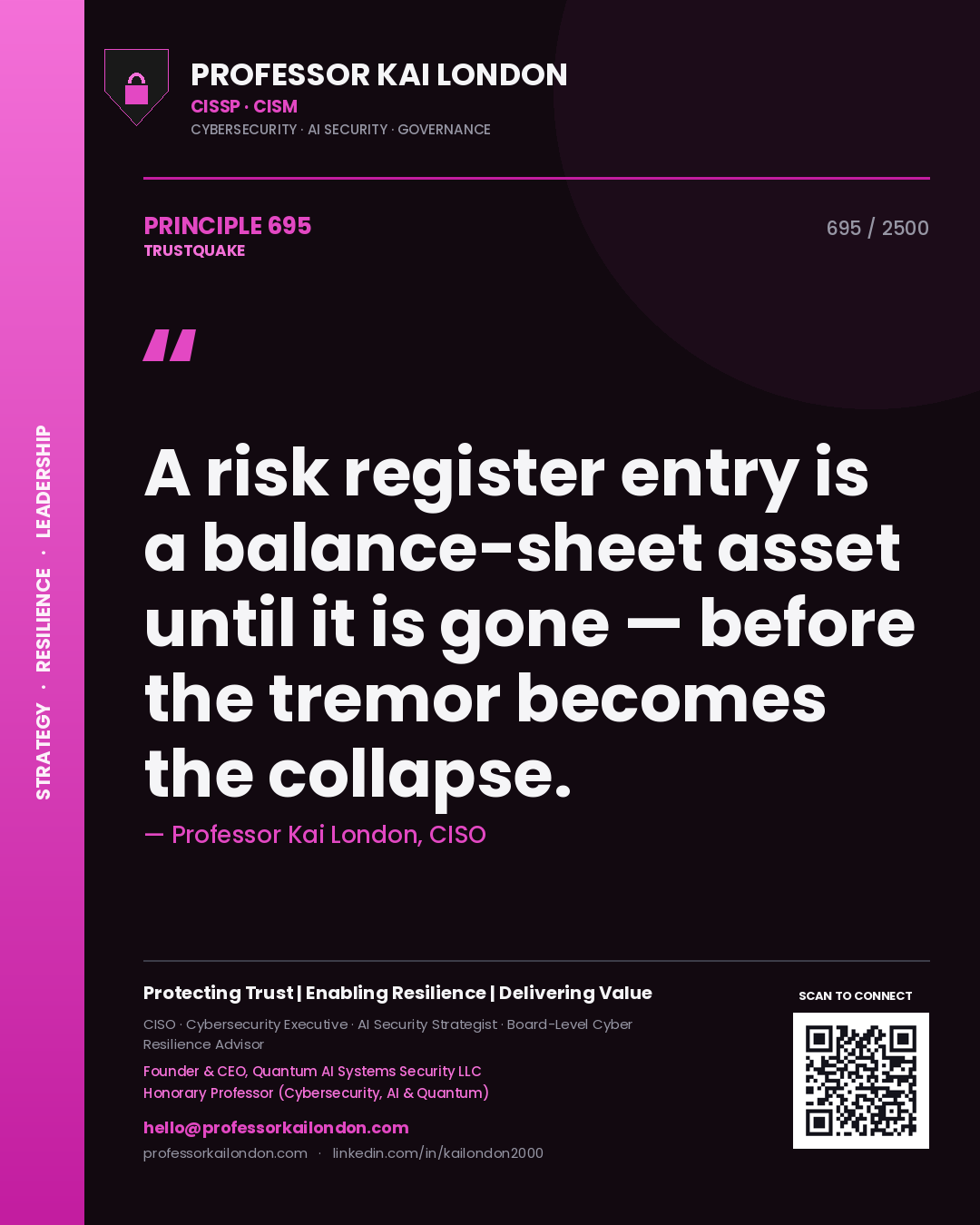 Quote card by Professor Kai London reading 'A risk register entry is a balance-sheet asset until it is gone — before the tremor becomes the collapse.'. From the book Trustquake.