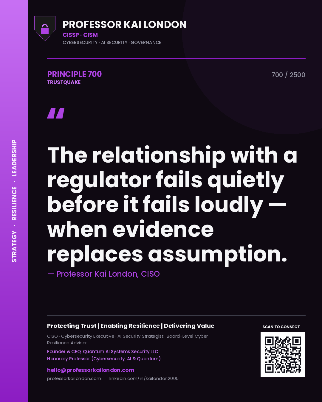 Quote card by Professor Kai London reading 'The relationship with a regulator fails quietly before it fails loudly — when evidence replaces assumption.'. From the book Trustquake.