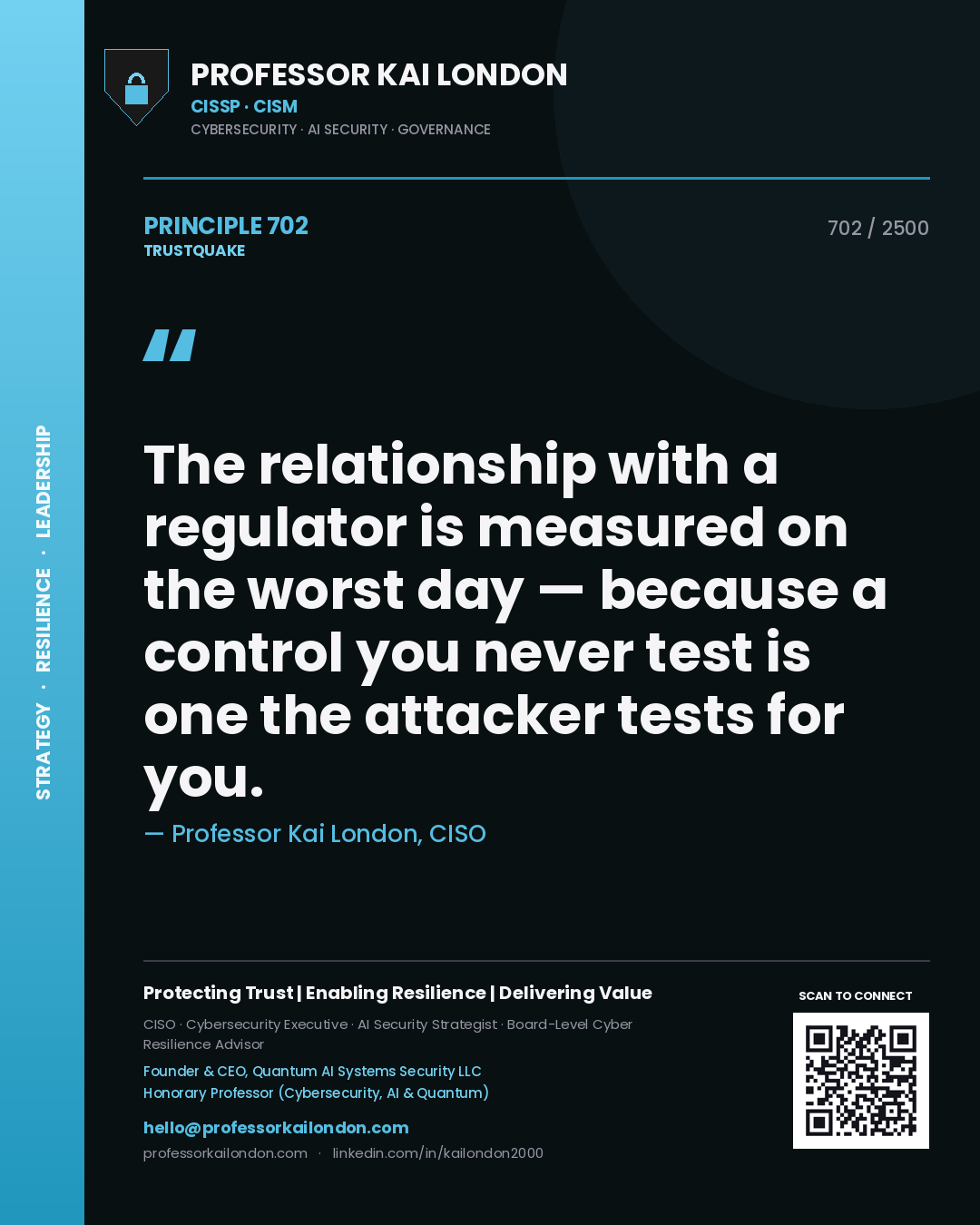 Quote card by Professor Kai London reading 'The relationship with a regulator is measured on the worst day — because a control you never test is one the attacker tests for you.'. From the book Trustquake.