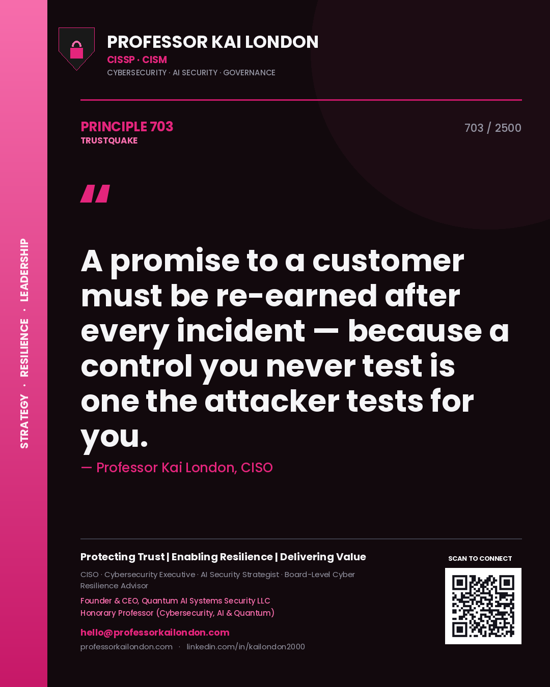 Quote card by Professor Kai London reading 'A promise to a customer must be re-earned after every incident — because a control you never test is one the attacker tests for you.'. From the book Trustquake.