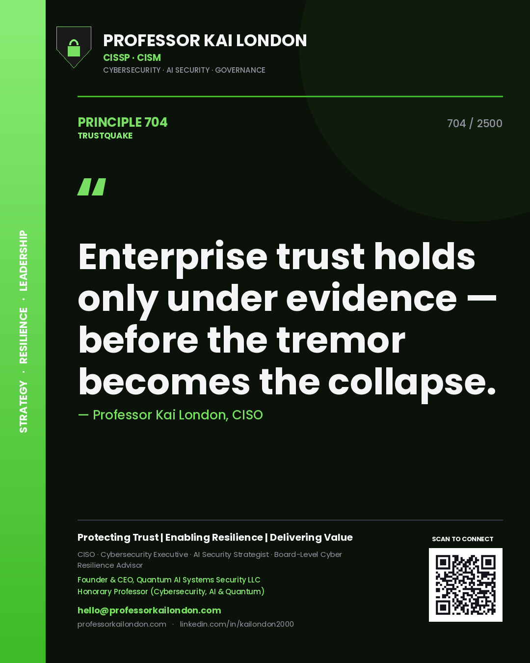 Quote card by Professor Kai London reading 'Enterprise trust holds only under evidence — before the tremor becomes the collapse.'. From the book Trustquake.