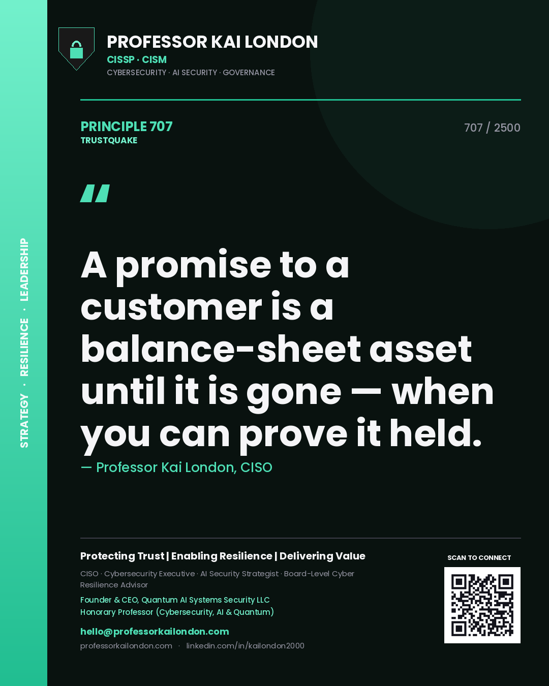 Quote card by Professor Kai London reading 'A promise to a customer is a balance-sheet asset until it is gone — when you can prove it held.'. From the book Trustquake.