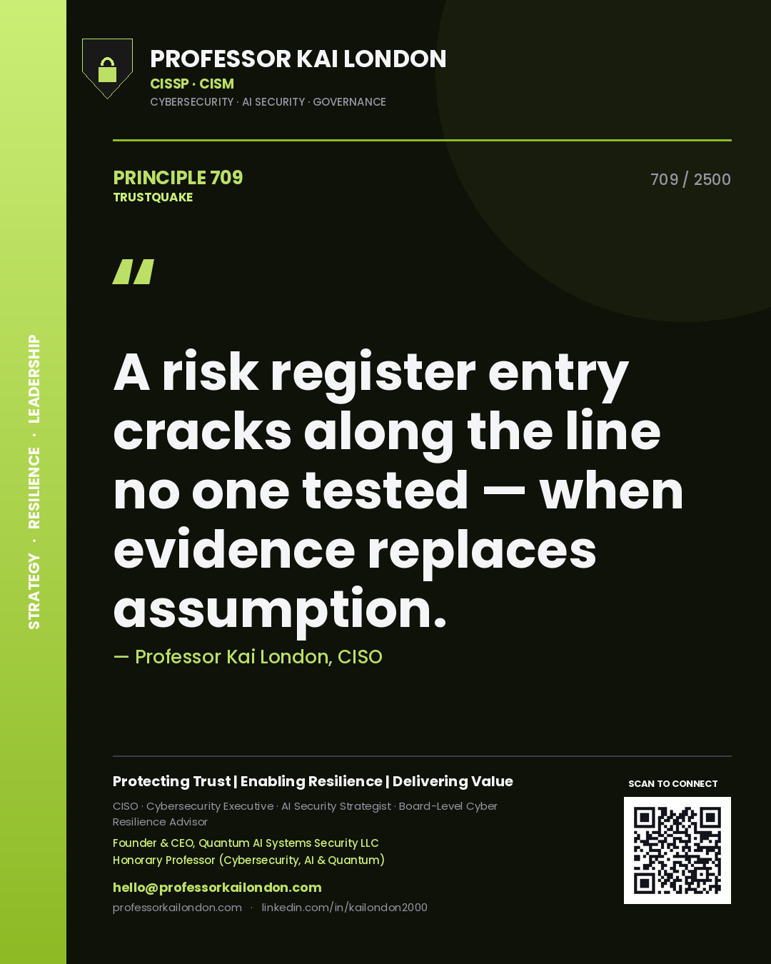 Quote card by Professor Kai London reading 'A risk register entry cracks along the line no one tested — when evidence replaces assumption.'. From the book Trustquake.