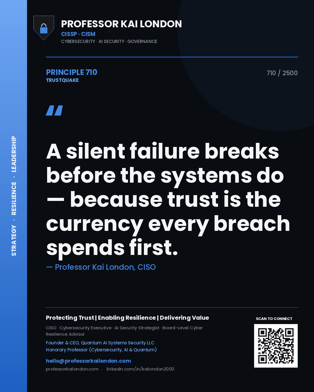 Professor Kai London principle 710: A silent failure breaks before the systems do — because trust is the currency every breach spends first.