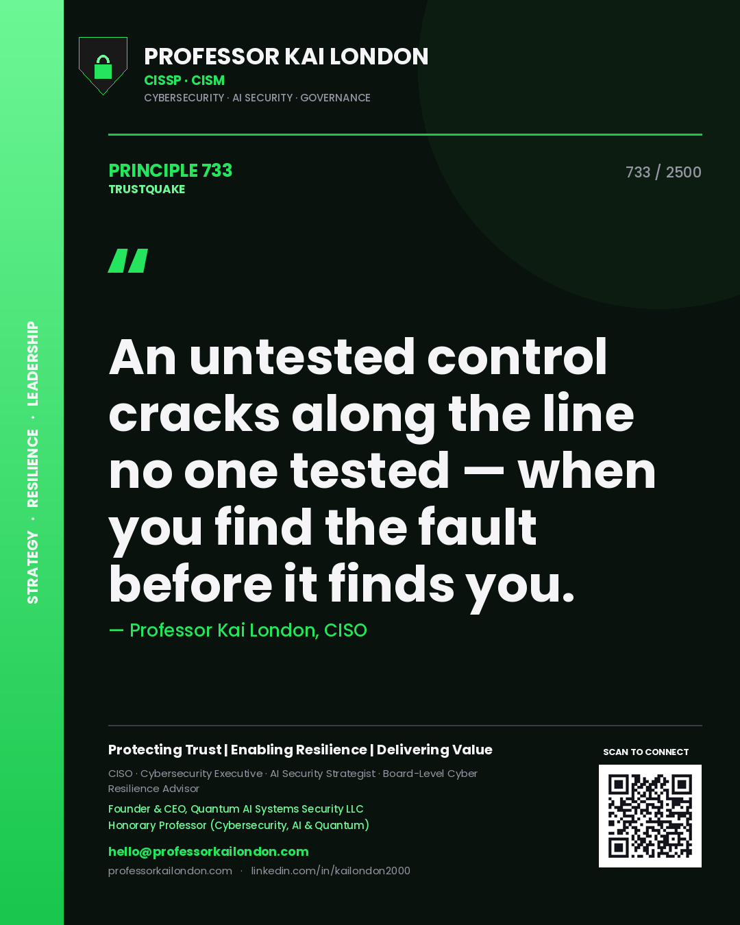 Professor Kai London principle 733: An untested control cracks along the line no one tested — when you find the fault before it finds you.