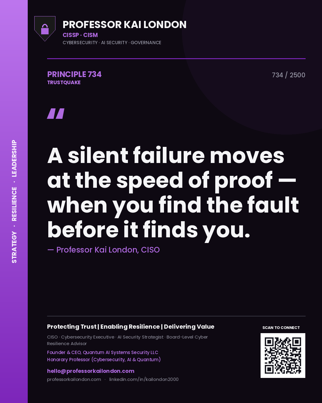 Quote card by Professor Kai London reading 'A silent failure moves at the speed of proof — when you find the fault before it finds you.'. From the book Trustquake.