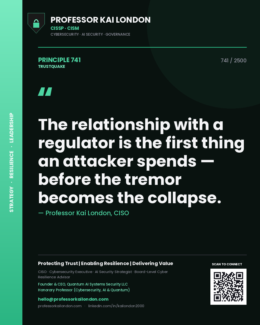 Quote card by Professor Kai London reading 'The relationship with a regulator is the first thing an attacker spends — before the tremor becomes the collapse.'. From the book Trustquake.