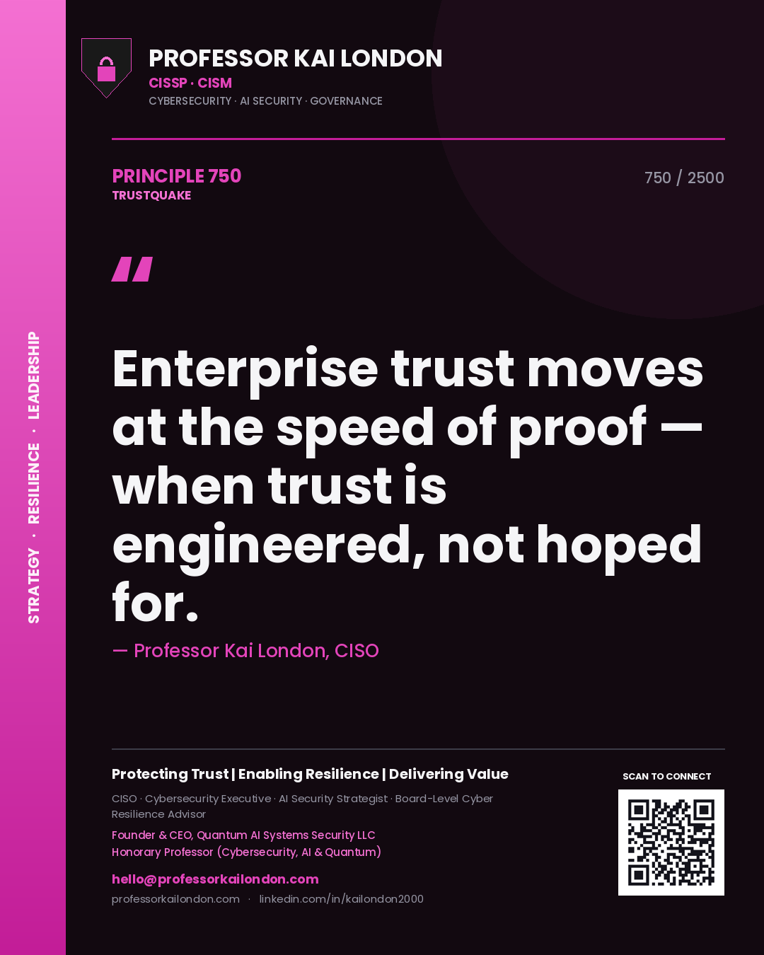 Quote card by Professor Kai London reading 'Enterprise trust moves at the speed of proof — when trust is engineered, not hoped for.'. From the book Trustquake.