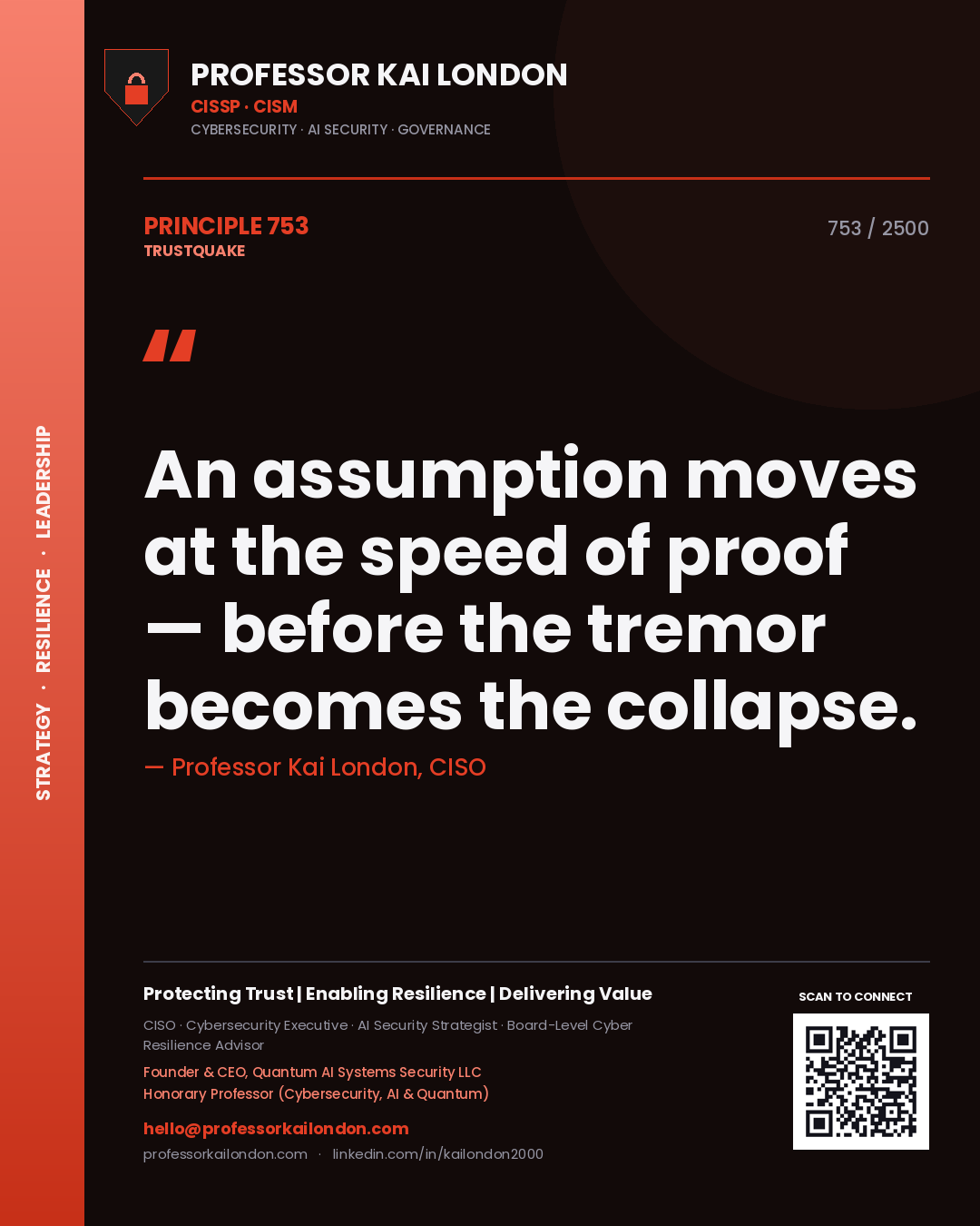 Quote card by Professor Kai London reading 'An assumption moves at the speed of proof — before the tremor becomes the collapse.'. From the book Trustquake.