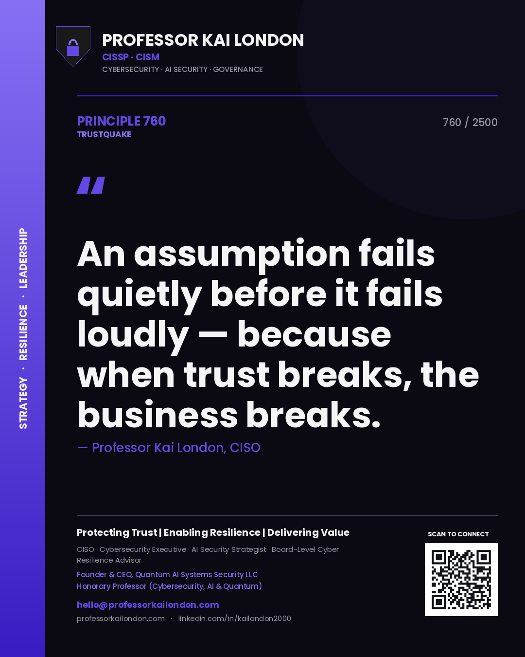 Quote card by Professor Kai London reading 'An assumption fails quietly before it fails loudly — because when trust breaks, the business breaks.'. From the book Trustquake.