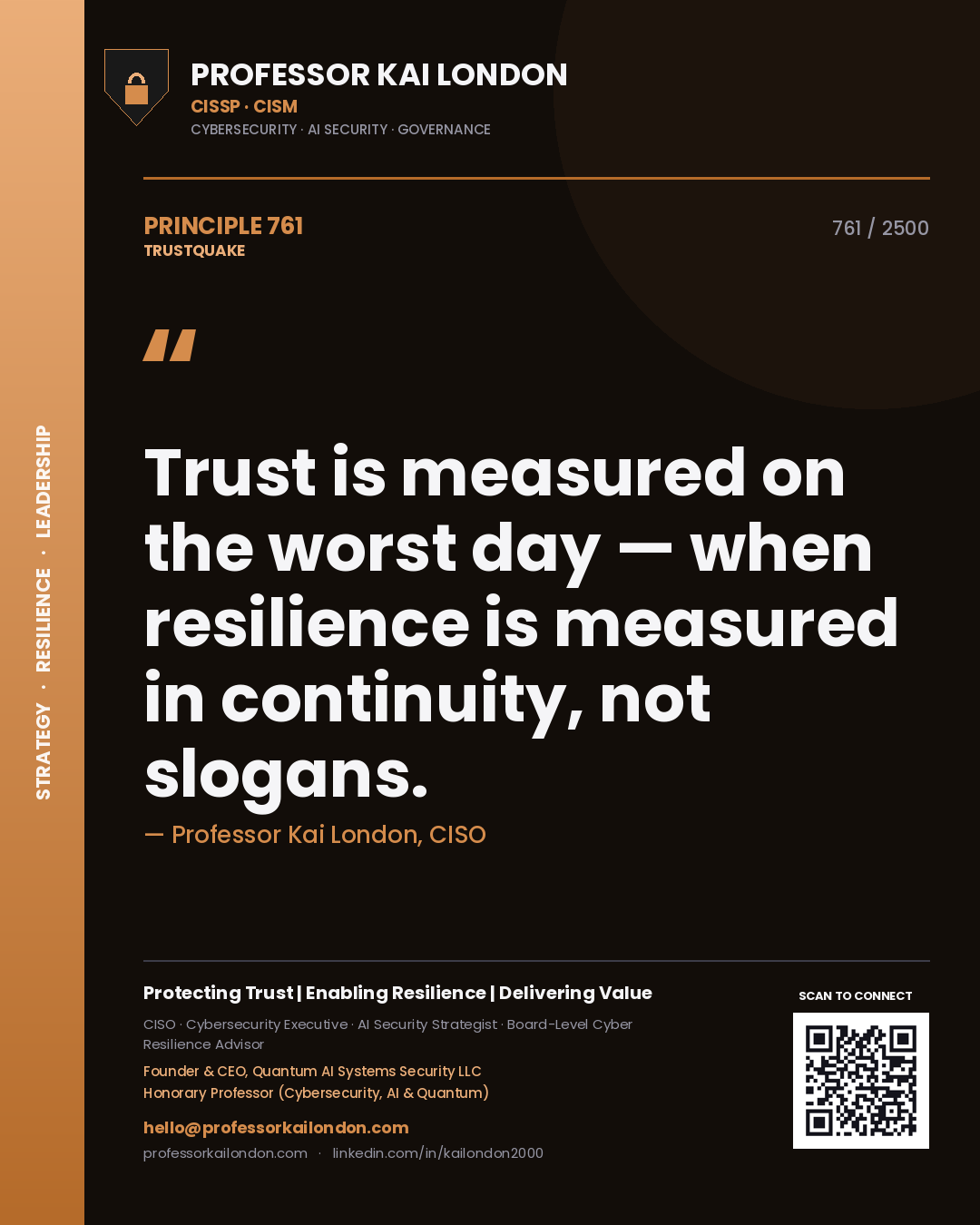 Professor Kai London principle 761: Trust is measured on the worst day — when resilience is measured in continuity, not slogans.