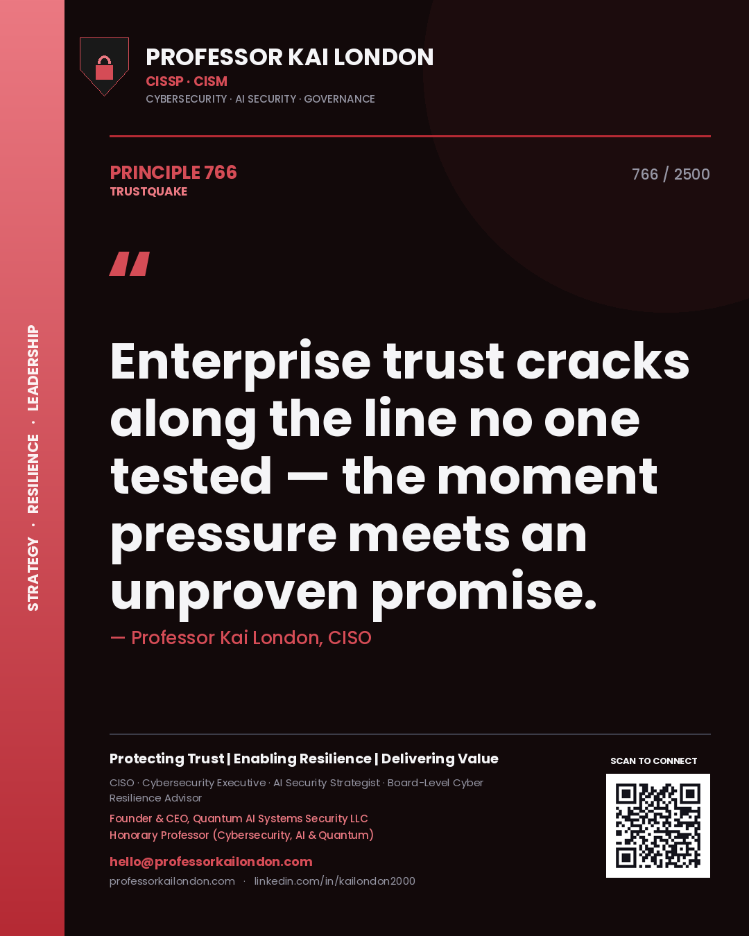 Professor Kai London principle 766: Enterprise trust cracks along the line no one tested — the moment pressure meets an unproven promise.