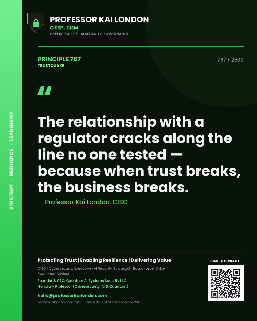 Professor Kai London principle 767: The relationship with a regulator cracks along the line no one tested — because when trust breaks, the business breaks.