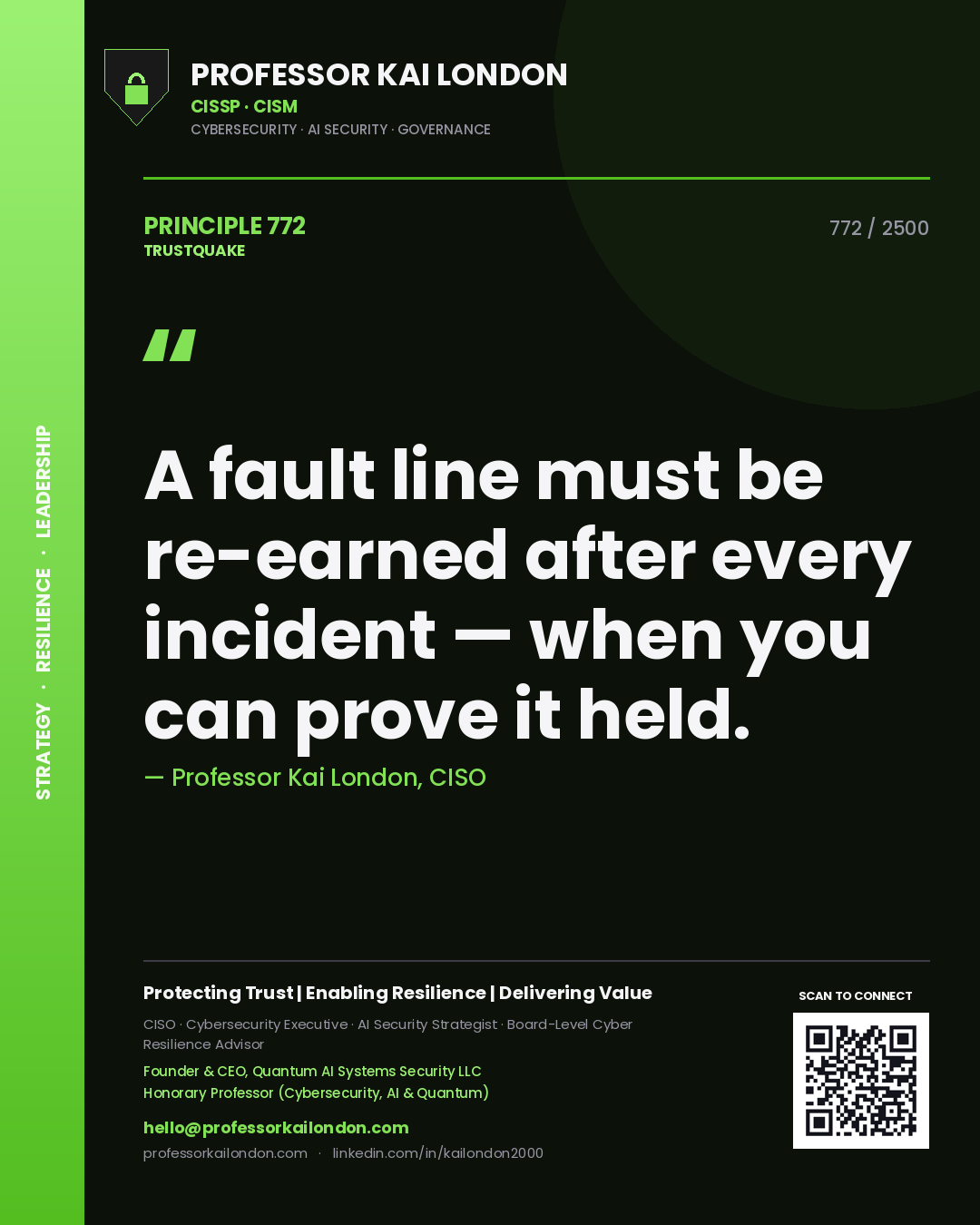 Quote card by Professor Kai London reading 'A fault line must be re-earned after every incident — when you can prove it held.'. From the book Trustquake.