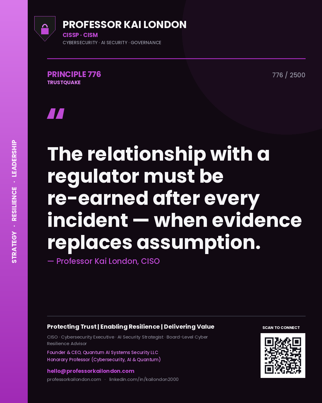 Quote card by Professor Kai London reading 'The relationship with a regulator must be re-earned after every incident — when evidence replaces assumption.'. From the book Trustquake.
