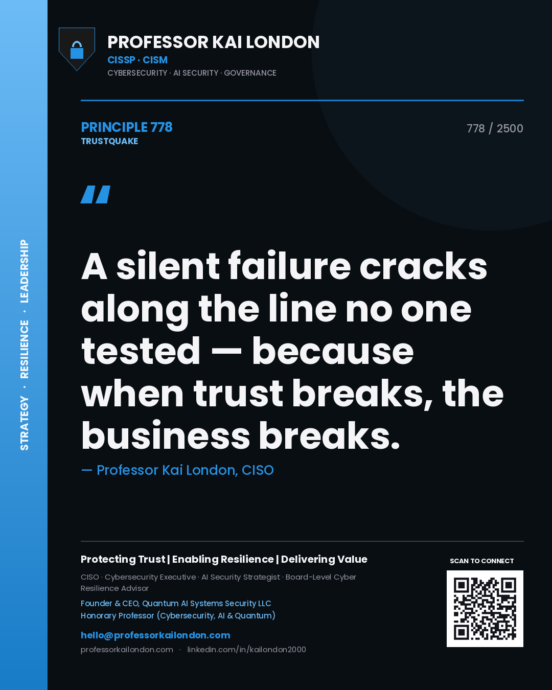 Quote card by Professor Kai London reading 'A silent failure cracks along the line no one tested — because when trust breaks, the business breaks.'. From the book Trustquake.