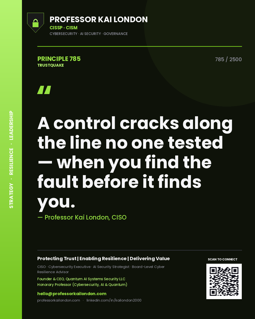 Quote card by Professor Kai London reading 'A control cracks along the line no one tested — when you find the fault before it finds you.'. From the book Trustquake.