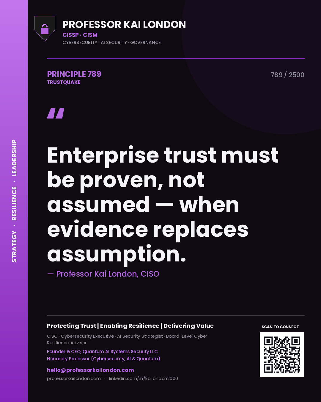 Quote card by Professor Kai London reading 'Enterprise trust must be proven, not assumed — when evidence replaces assumption.'. From the book Trustquake.