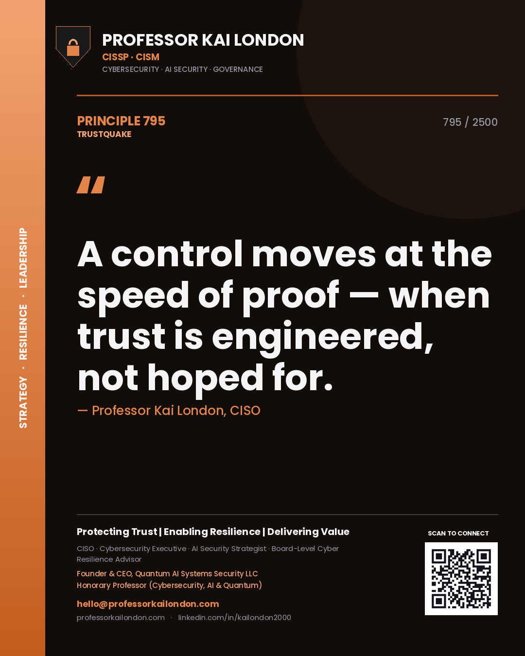 Quote card by Professor Kai London reading 'A control moves at the speed of proof — when trust is engineered, not hoped for.'. From the book Trustquake.