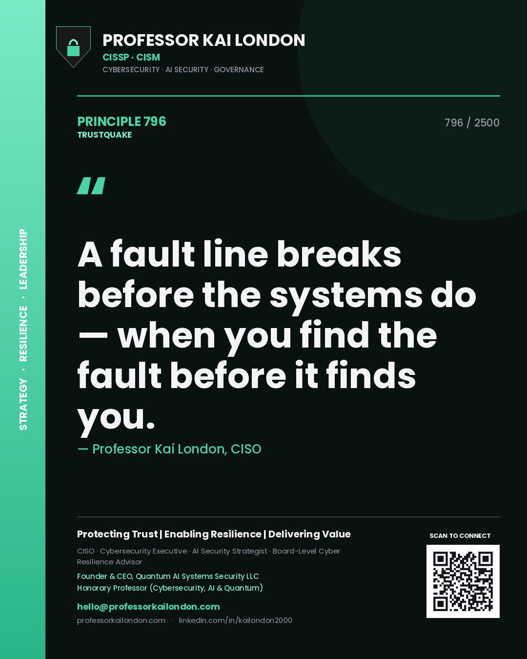 Quote card by Professor Kai London reading 'A fault line breaks before the systems do — when you find the fault before it finds you.'. From the book Trustquake.