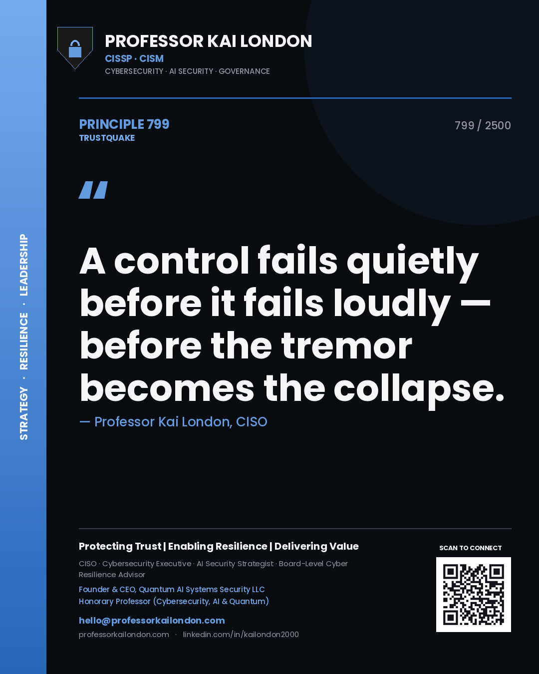 Quote card by Professor Kai London reading 'A control fails quietly before it fails loudly — before the tremor becomes the collapse.'. From the book Trustquake.
