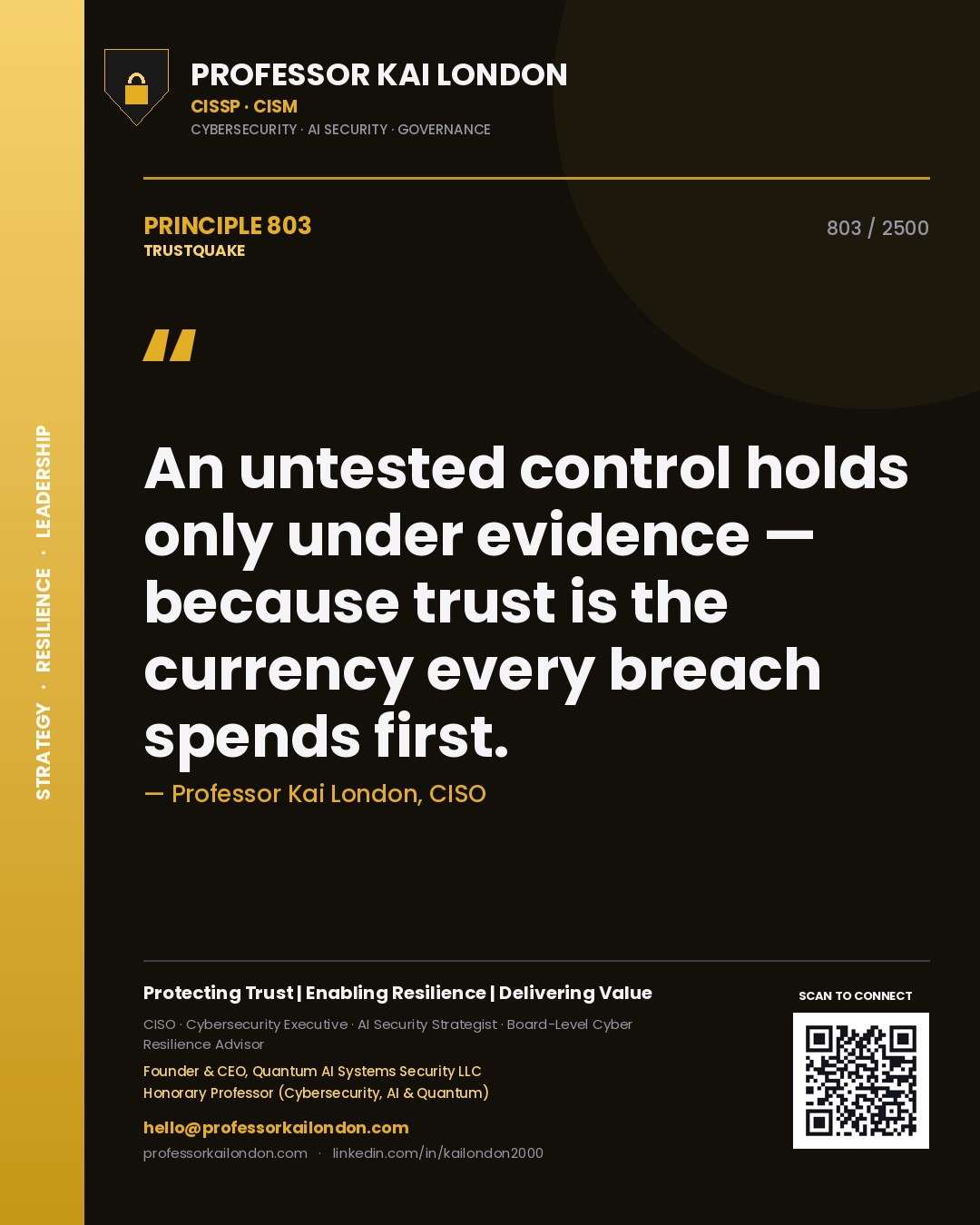 Professor Kai London principle 803: An untested control holds only under evidence — because trust is the currency every breach spends first.