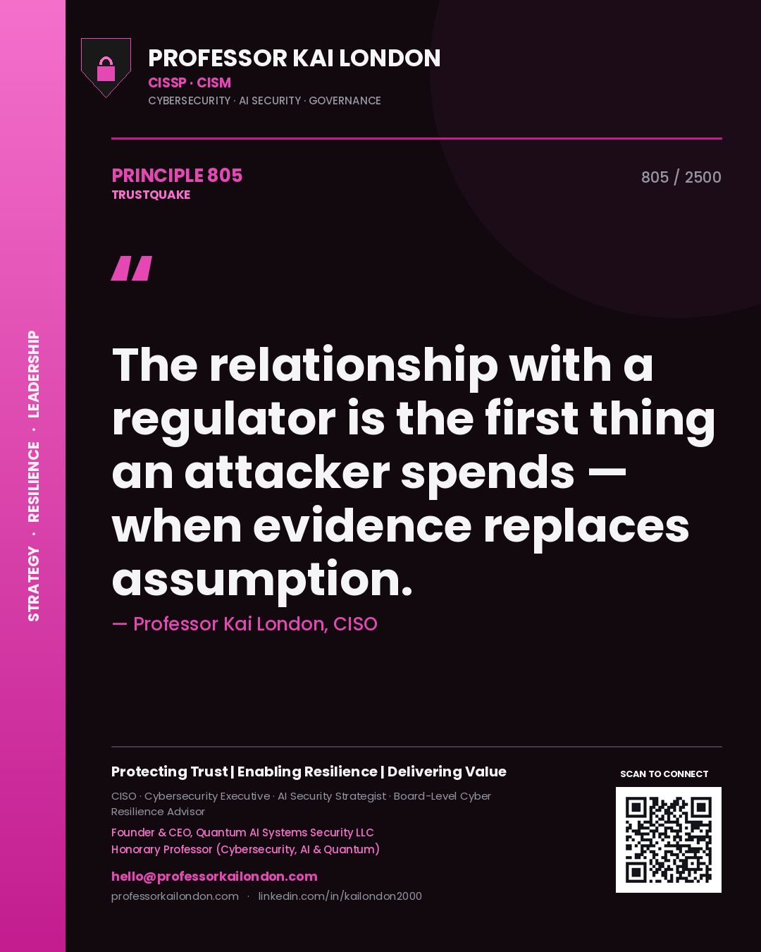 Quote card by Professor Kai London reading 'The relationship with a regulator is the first thing an attacker spends — when evidence replaces assumption.'. From the book Trustquake.