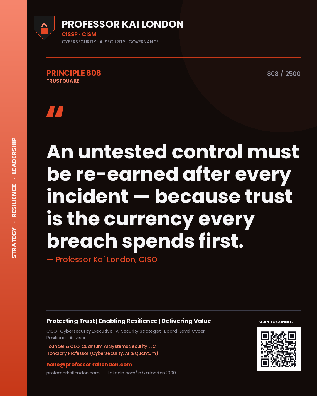 Quote card by Professor Kai London reading 'An untested control must be re-earned after every incident — because trust is the currency every breach spends first.'. From the book Trustquake.