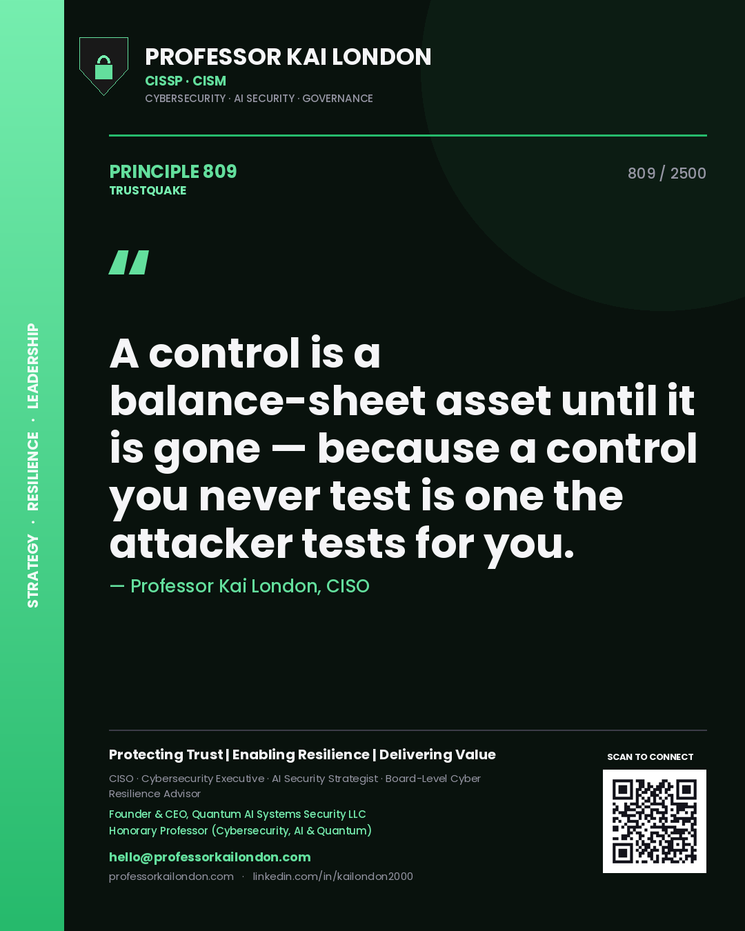 Professor Kai London principle 809: A control is a balance-sheet asset until it is gone — because a control you never test is one the attacker tests for you.