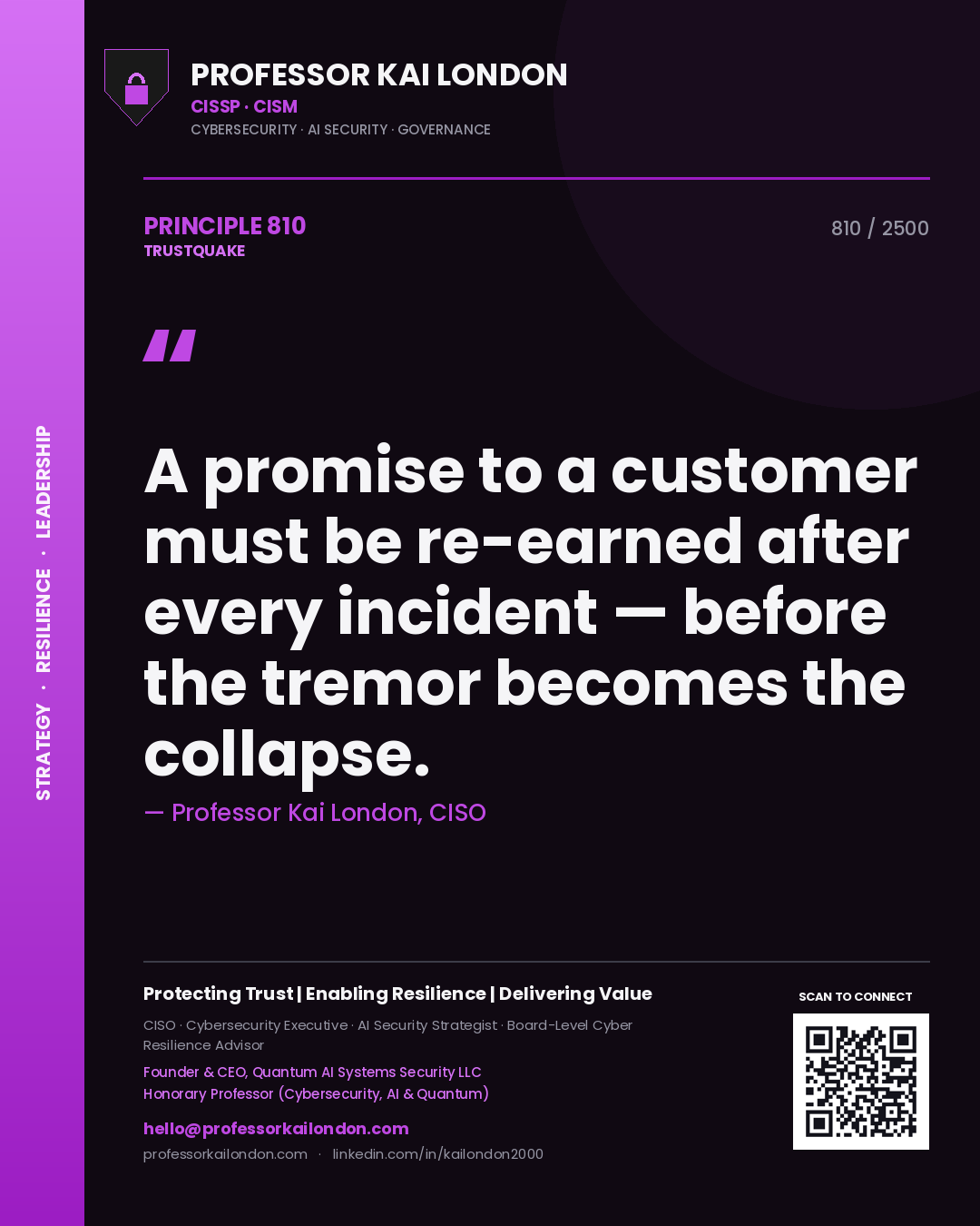 Quote card by Professor Kai London reading 'A promise to a customer must be re-earned after every incident — before the tremor becomes the collapse.'. From the book Trustquake.