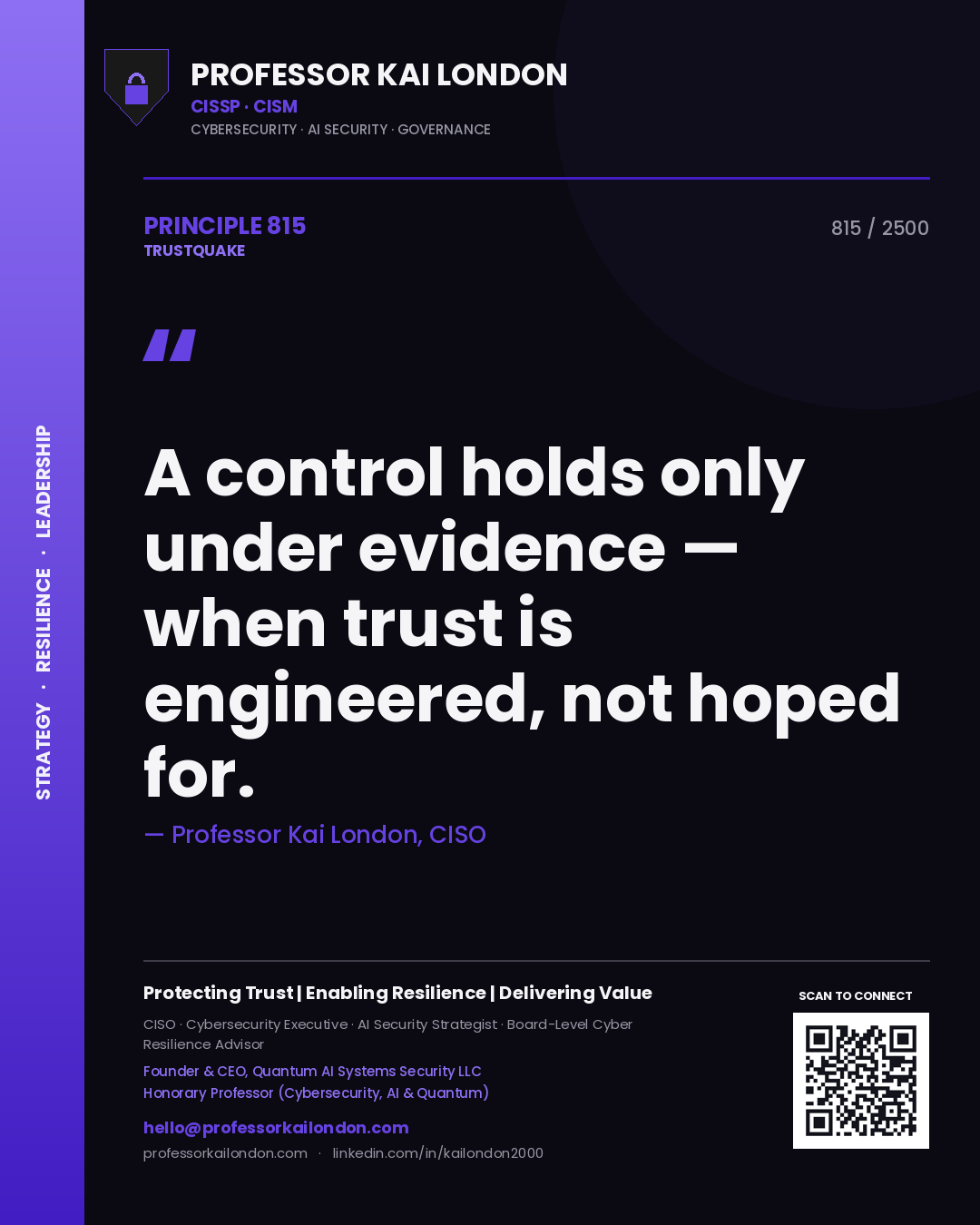 Quote card by Professor Kai London reading 'A control holds only under evidence — when trust is engineered, not hoped for.'. From the book Trustquake.