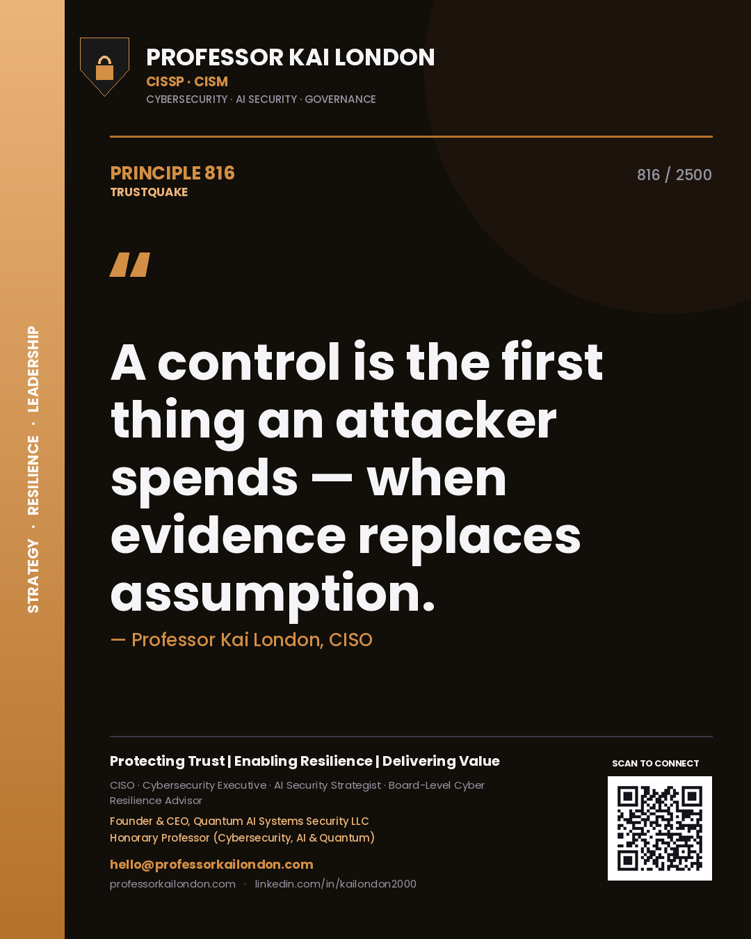 Quote card by Professor Kai London reading 'A control is the first thing an attacker spends — when evidence replaces assumption.'. From the book Trustquake.