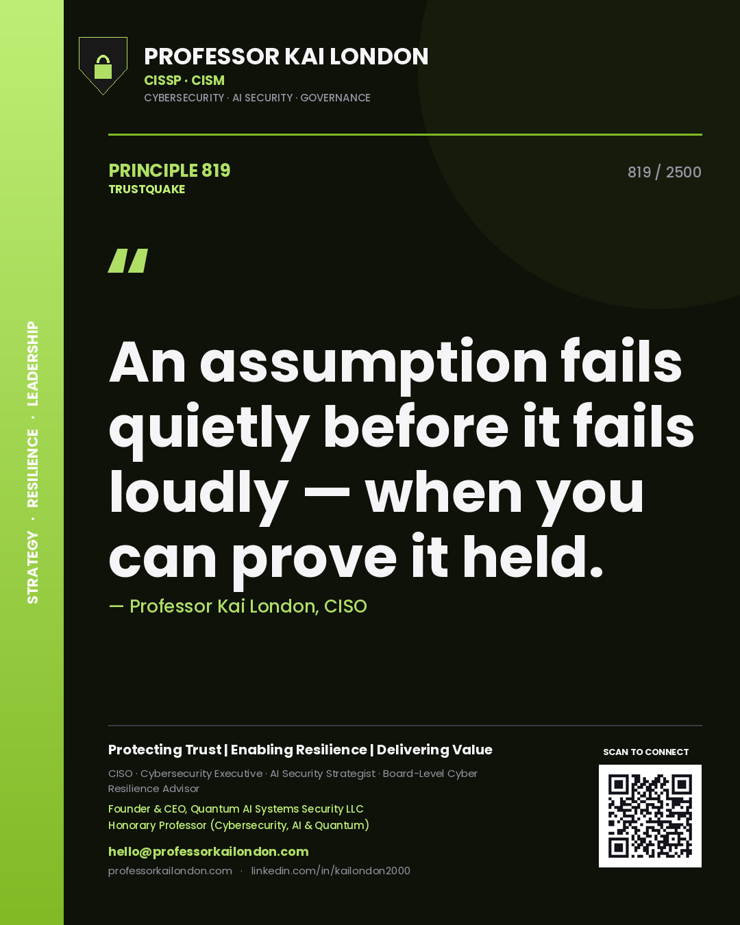 Quote card by Professor Kai London reading 'An assumption fails quietly before it fails loudly — when you can prove it held.'. From the book Trustquake.