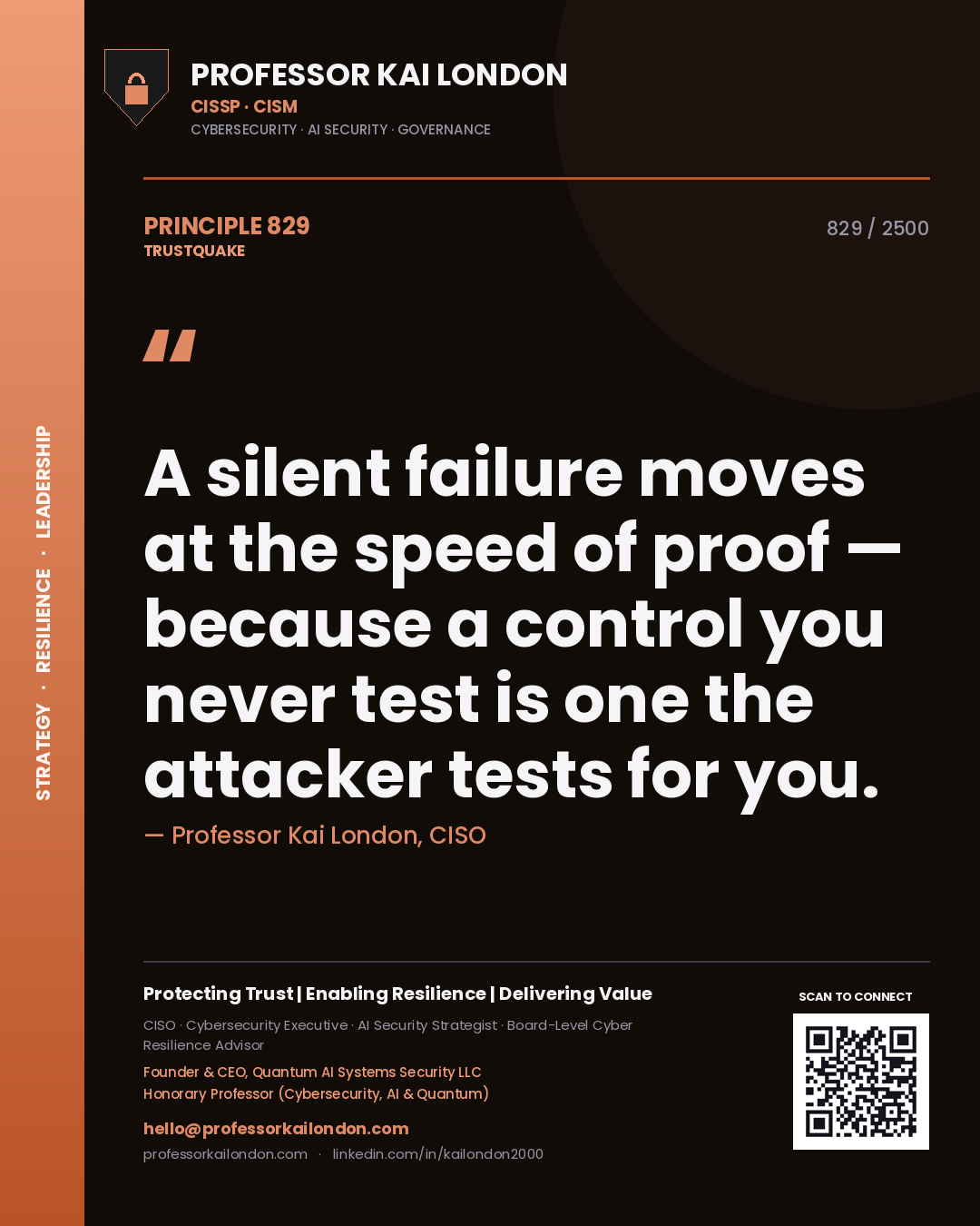 Professor Kai London principle 829: A silent failure moves at the speed of proof — because a control you never test is one the attacker tests for you.