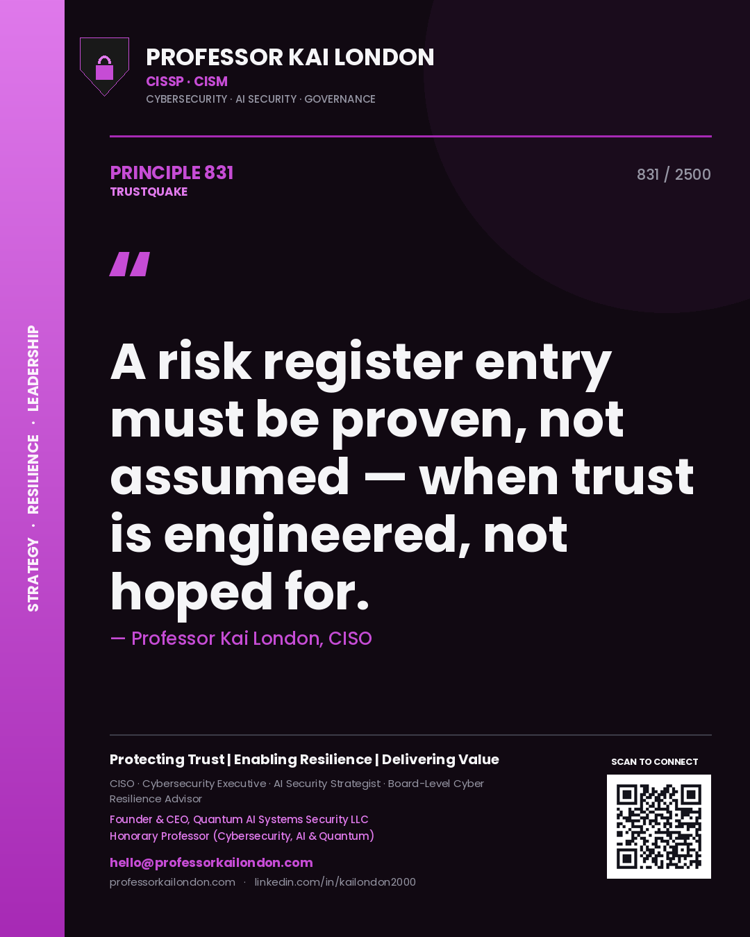 Professor Kai London principle 831: A risk register entry must be proven, not assumed — when trust is engineered, not hoped for.