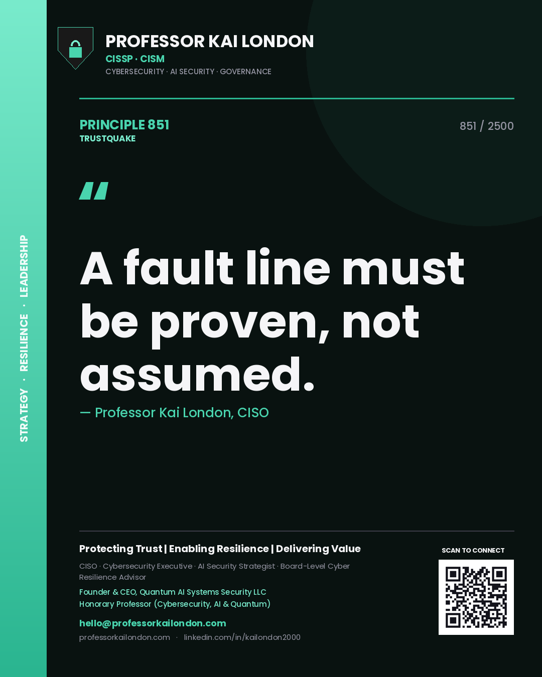 Quote card by Professor Kai London reading 'A fault line must be proven, not assumed.'. From the book Trustquake.